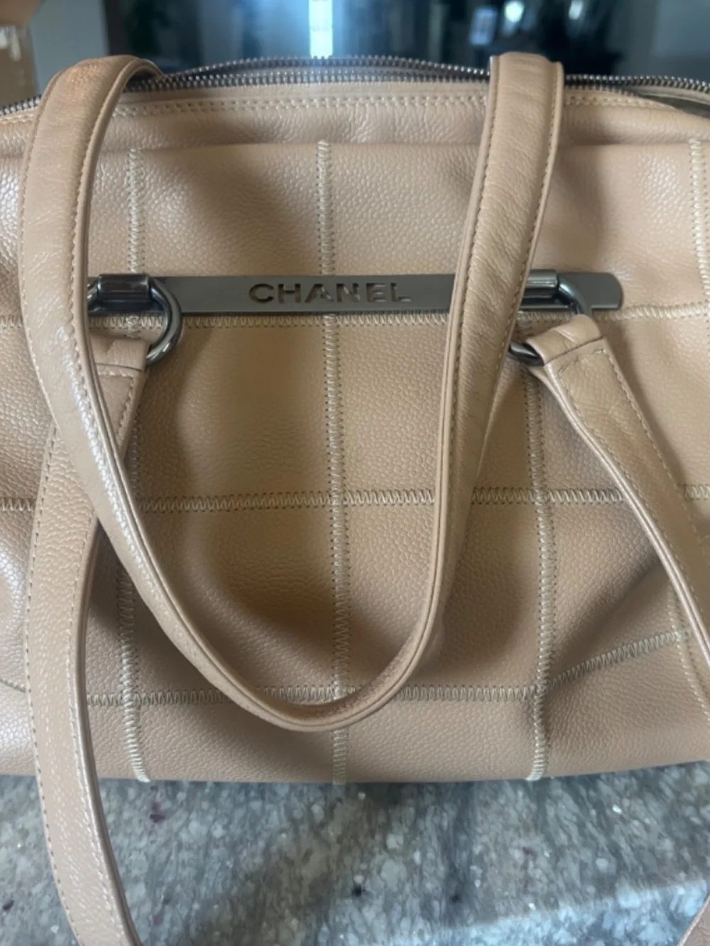 CHANEL VINTAGE Logo Bar East West Tote Beige Caviar Silver HW 9 series AUTH